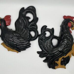 Vintage Black Rooster Chalkware Farmhouse Kitchen Art Deco MCM Plaques Set Of 2